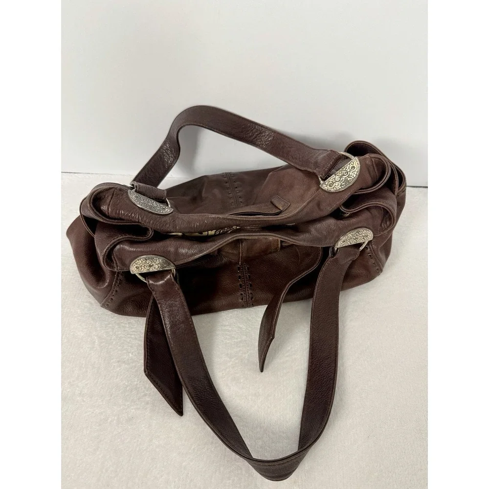 BRIGHTON Cleo Bow Brown Leather Shoulder Bag Studded Stitch Detail